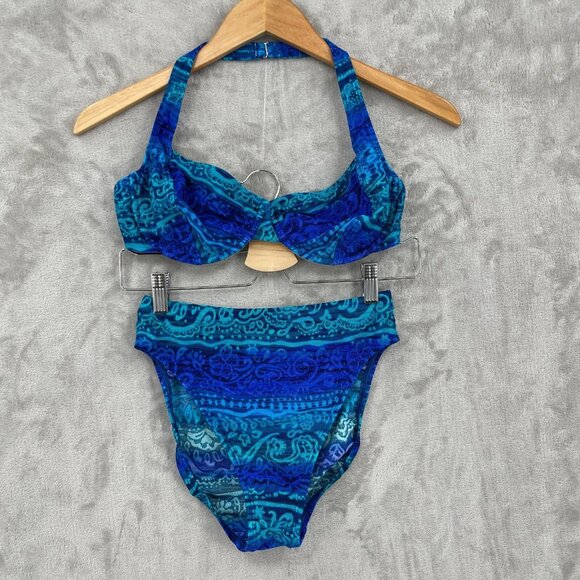 Swim Systems Vintage 34D/ M Blue Green 2 Piece High Waisted Bikini Swimsuit - Picture 4 of 13